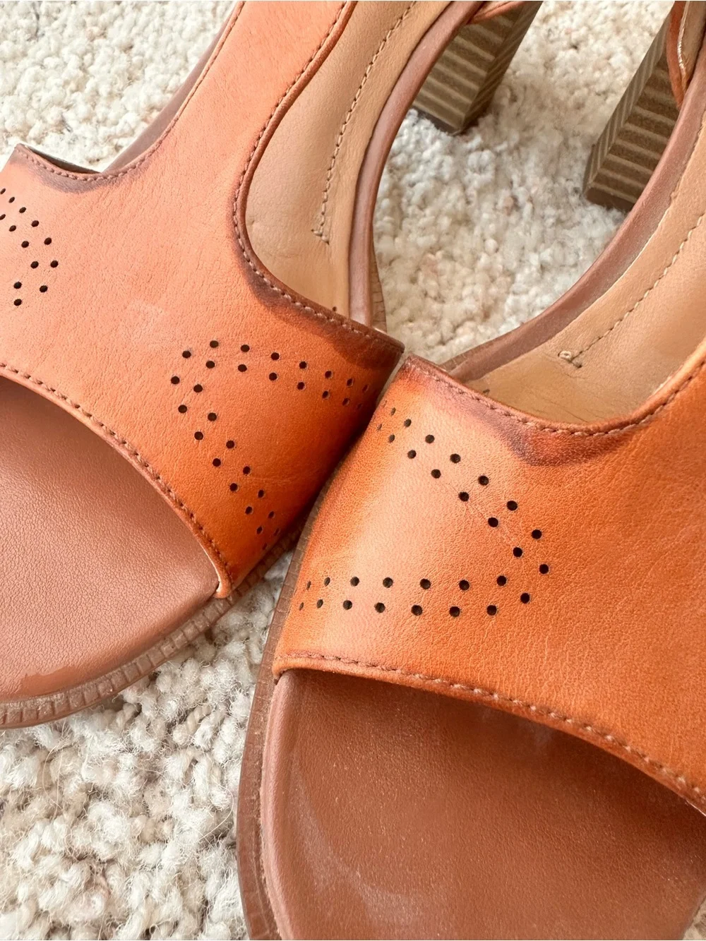 Clarks Cognac Brown T-Strap Block Heel Sandals